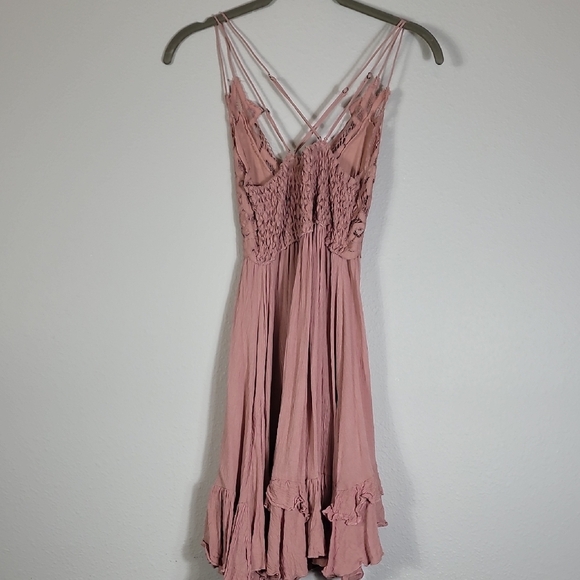 Free People Adella Slip Mini Dress Size XS Pink Smocked Lace Fairy Boho Lace - Picture 10 of 16